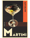 Book cover of 'The Martini' with a martini glass and olives on a black and orange background.