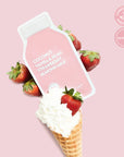 pink sheet mask inside cone filled with whipped cream and strawberries