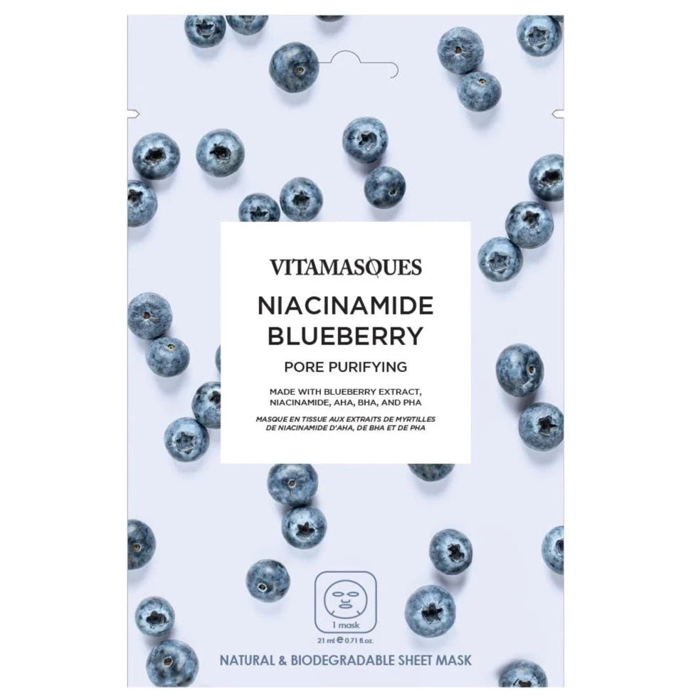 light blue sheet mask packaging with blueberries printed on it