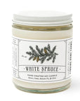 White spruce candle with a label on a white background