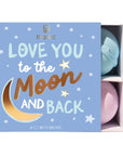 blue box with 4 bath bombs inside. On the outside it says "Love you to the moon and back"
