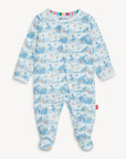 Baby onesie with blue whale pattern on a white background