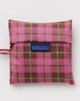 Pink plaid reusable bag with 'BAGGU' logo on a white background