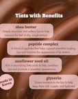 Lip tint benefits with shea butter, peptide complex, sunflower seed oil, and glycerin on a brown background.