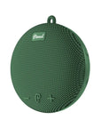 Green textured portable speaker with 'Pinned' branding on a white background