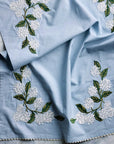 blue hydrangea embroidered tea towel