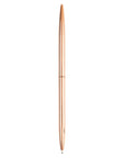 A slim, metallic rose gold pen shown vertically against a solid white background.