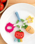 Colorful baby teething toy on a white plate with tomatoes in the background