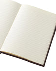 An open lined notebook with blank cream-colored pages and a dark brown cover, shown on a plain white background.