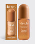 Kit-sch Caramel Cream Hair Perfume bottle and its matching brown cardboard packaging box, displayed side-by-side on a light gray background.