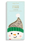 Sugarrfina Cookies & Cream candy bar packaging with a snowman design on a light blue background.