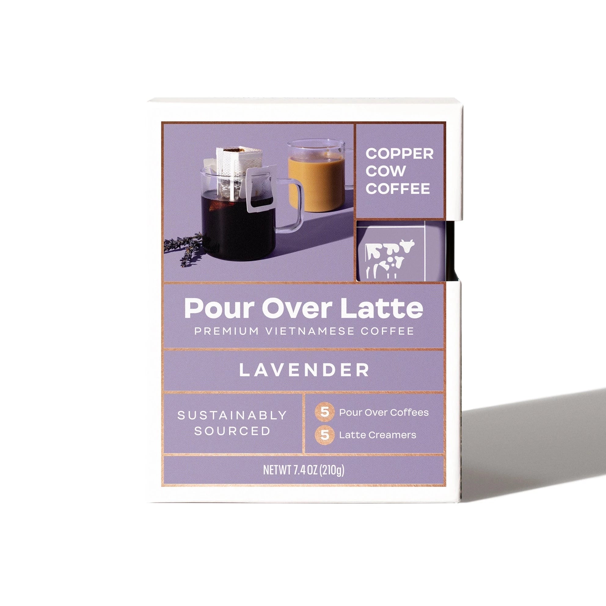 Purple box with white text. box shows lavender pour over coffee
