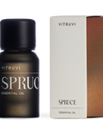 Vitruvi Spruce essential oil bottle and packaging on a white background