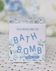 white bath bomb box with blue hydrangeas on it