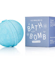 Blue bath bomb with packaging on a white background