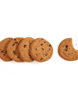 Chocolate chip cookies with one bitten cookie on a white background