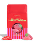 Red packaging of sugarfina candy mix bag with 'Sugar Lips' and 'Sour Strawberries' text on a white background.