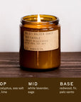 Brown candle with a label on a wooden surface, featuring notes of eucalyptus, sea salt, air, lime, white lavender, sage, redwood, fir, and palo santo.