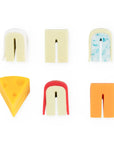 Colorful letter-shaped erasers on a white background
