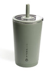 A matte sage green HydroJug tumbler with a matching green straw and a clear lid, shown on a white background.