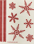 Red snowflakes on a beige background with a patterned border.