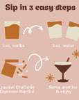 Instructions for making a Craftmix Espresso Martini with ingredients and steps on a pink background.