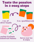 Instructions for making a passionfruit paloma cocktail with tequila and sparkling water.