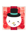 A square clear plastic container filled with red gummy candies, featuring a large cartoon snowman face with a black top hat, red striped scarf, pink cheeks, and a gold nose on the front.