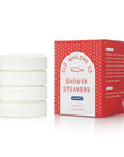 Set of white shower steamers with a red and white box labeled 'Old Whaling Co. Shower Steamers' on a white background.