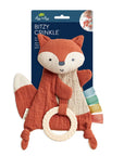 Fox-shaped crinkle toy with packaging on a white background