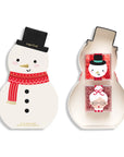 Two sugarfina snowman-shaped candy boxes on a white background, one closed and one open showing two boxes of peppermint candies.