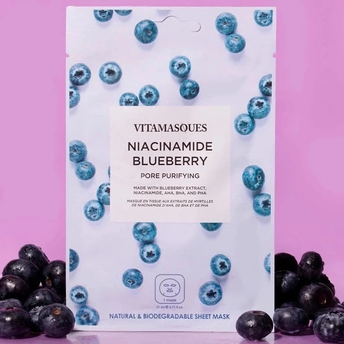 blueberry sheet mask with blueberries around it