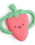 Strawberry-shaped teething toy with green handle on a white background