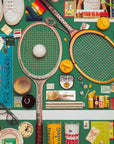 Collection of tennis-themed items including rackets, balls, and vintage-style packaging on a green background.