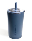 A matte slate blue HydroJug tumbler with a matching blue straw and clear lid, shown on a clean white background.