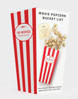 Movie popcorn bucket list with red and white striped design on a white background