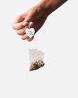 Hand holding a clear tea bag with visible herbs against a white background