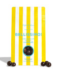 A bag of Caffè Dolce sugarina Bellissimo Dark Chocolate Sea Salt Caramels, featuring a yellow and white striped design with a circular window showing the dark chocolate caramels inside. Three caramels are placed in front of the bag on a white background.