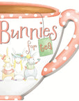 Tea bag with cartoon bunnies and 'Bunnies for tea' text on a white background