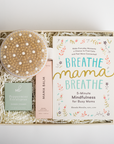 NEW MOM gift box in creme featuring round dry brush, peppermint eucalyptus shower steamer, mama balm, and Breathe Mama Breathe book