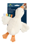 White plush duck toy with colorful feet on a white background