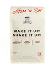 Coffee bag from 'Mom 'N' Em' with text and graphics on a white background