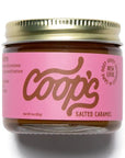 Jar of Coop's salted caramel on a white background