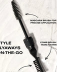 Black dual-ended mascara brush and comb brush set shown on a white foamy background with callout text explaining use for precise mascara application and taming flyaways.