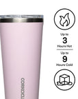 Pink insulated tumbler with temperature retention information on a white background