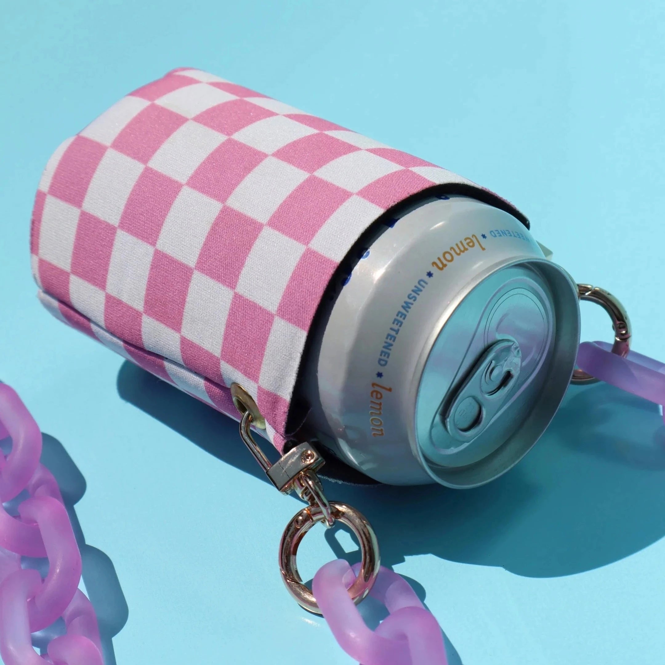 pink checkered koozie with pink chain