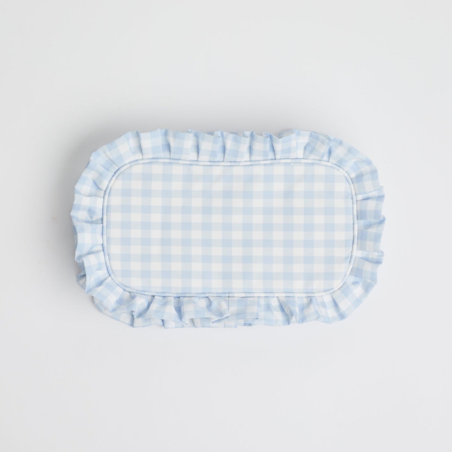 Blue Gingham Ruffle Pouch on white background