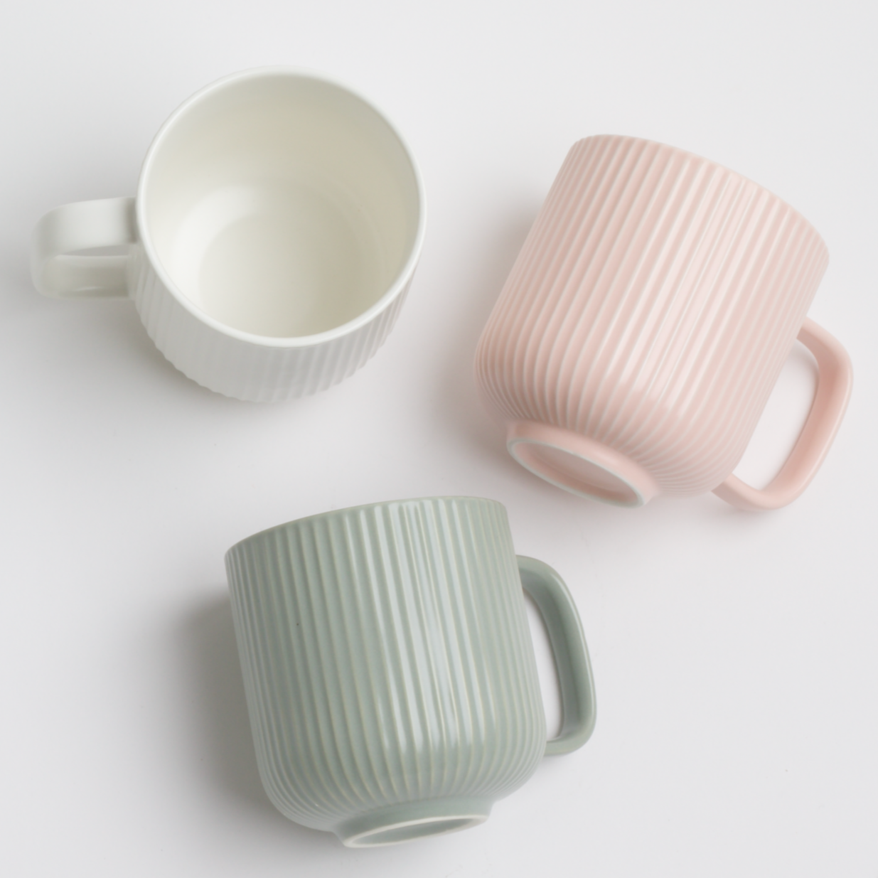 3 Ribbed Mugs: White, Baby Pink, & Sage Green