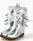 metallic glass cowboy boot ornament with brown bottoms on white background