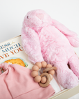 Pink plush bunny, wooden teething ring, and book titled 'Guess How Much I Love You' on a light background